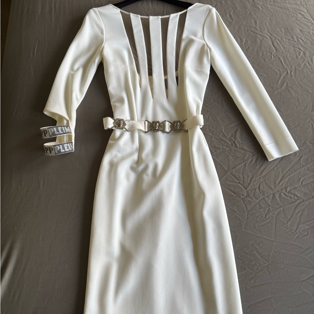 Philipp Plein White Long Sleeve Dress with Belt